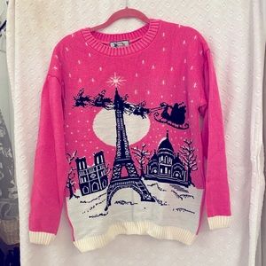 “Ugly Christmas Sweater”- Paris theme - Santa and sleigh over the Eiffel Tower.